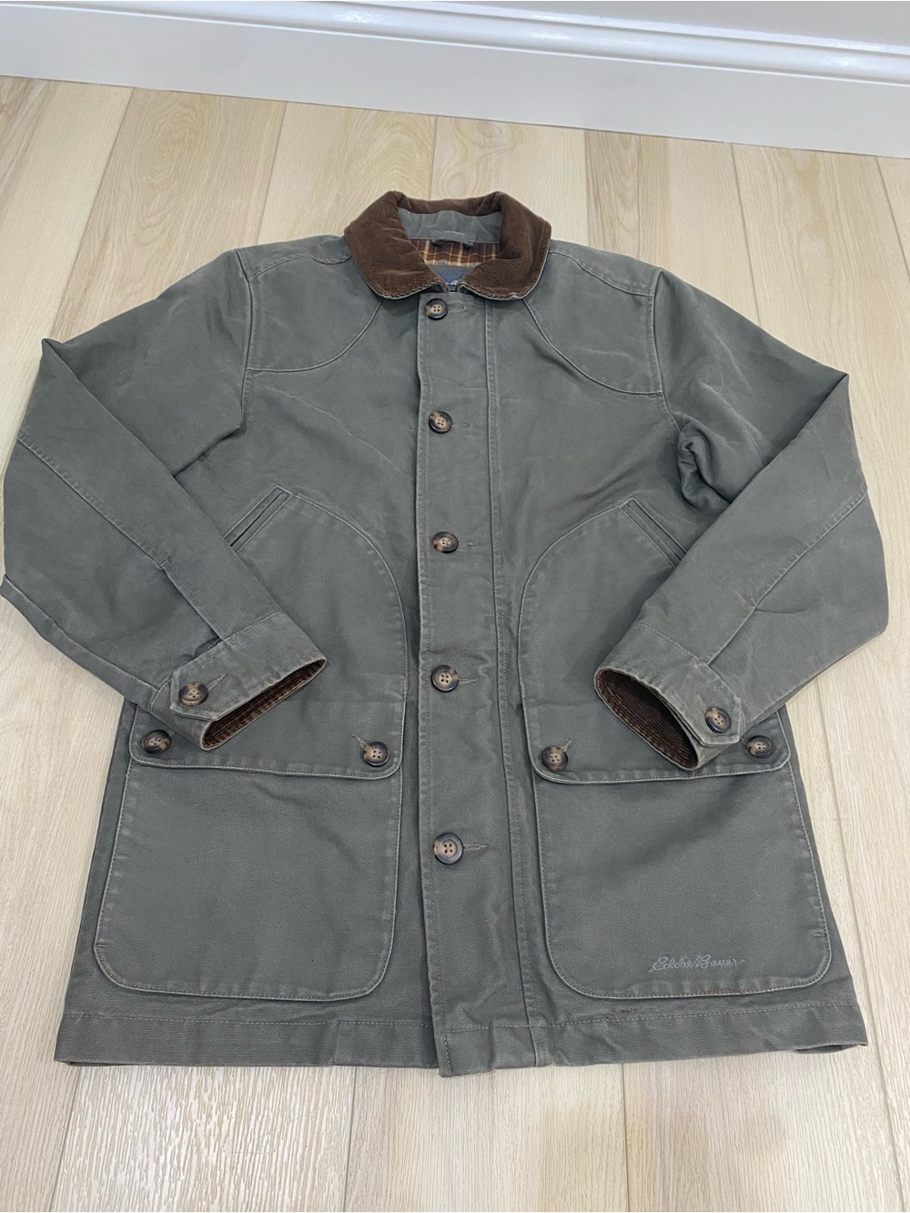 Eddie Bauer Barn Coat Small Olive Green Canvas Chore Field Jacket Corduroy 90s